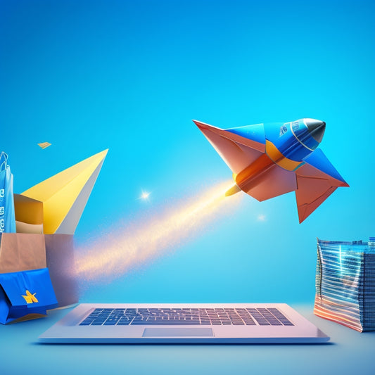 A stylized illustration of a rocket ship blasting off from a laptop, surrounded by shopping bags, packages, and upward-arrows, set against a bright blue background with subtle digital circuit patterns.