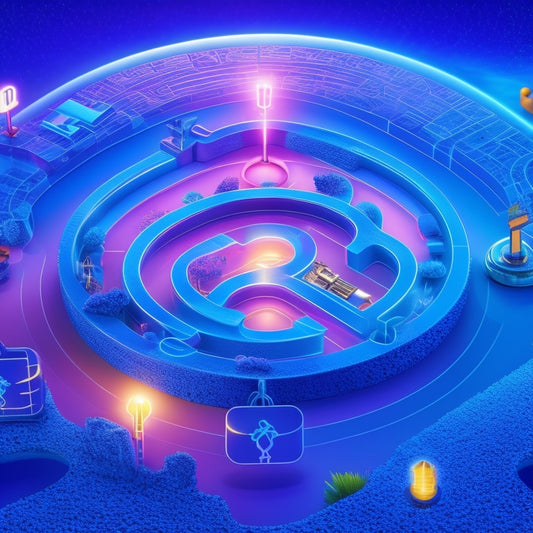 A stylized illustration of a customer's loyalty journey, featuring a winding road with puzzle pieces fitting together, surrounded by glowing badges, locks, and keys, set against a gradient blue background.
