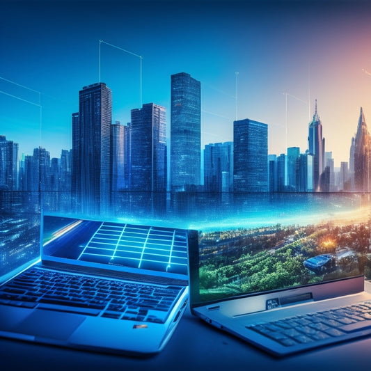 A stylized illustration of a laptop and smartphone surrounded by rising graphs, shopping carts, and locked pads, set against a blurred cityscape background with a subtle gradient of blue and green hues.