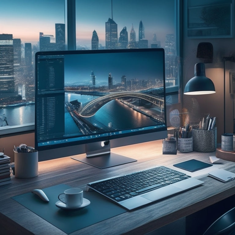 A futuristic, sleek, and modern illustration of a designer's desk with a laptop, surrounded by scattered design elements, with a cityscape or digital grid in the background, showcasing infinite possibilities.