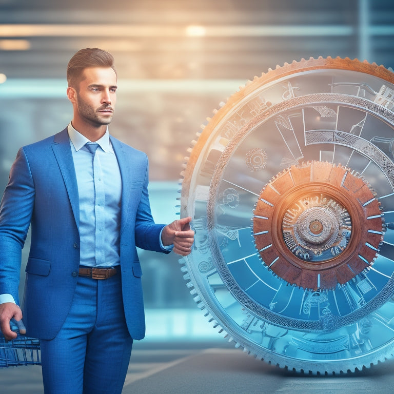 An illustration of a businessman standing in front of a large, gears-turning, mechanical clockwork machine, with ecommerce icons (e.g. shopping cart, laptop) and arrows flowing through the gears, symbolizing seamless transition.