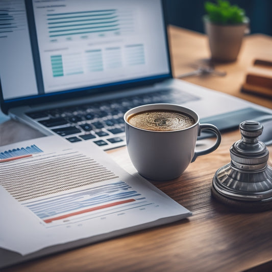 A magnifying glass hovering above a laptop screen displaying a digital marketing analytics dashboard with various charts, graphs, and metrics, surrounded by scattered papers and a cup of coffee.