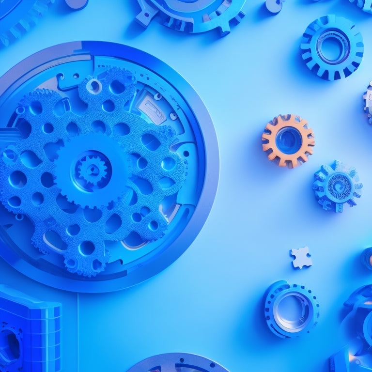 A futuristic, minimalist illustration featuring interconnected gears, puzzle pieces, and swirling lines, set against a soft blue background, symbolizing harmonious online learning platforms and tools.