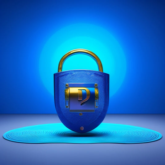 An image of a fortified online shopping cart with a shield icon on top, surrounded by a circle of interconnected locks, with a subtle background of 1s and 0s to represent digital security.