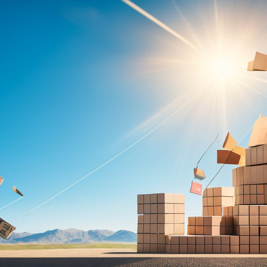 A soaring arrow made of stacked furniture boxes pierces a rising graph line, surrounded by scattered papers and a few furniture pieces in the background, set against a bright blue sky.