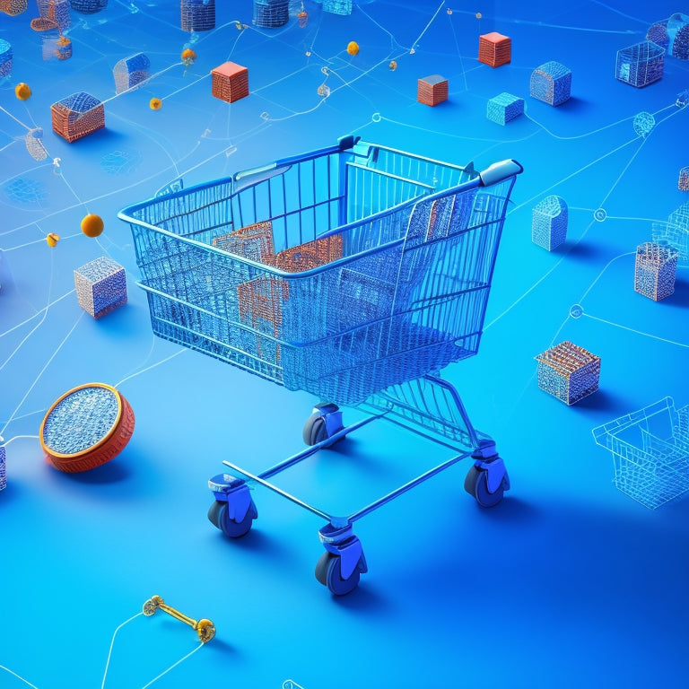 A stylized illustration of interconnected puzzle pieces forming a shopping cart, surrounded by swirling lines and nodes representing digital connections, set against a bright blue background with subtle ecommerce icons.