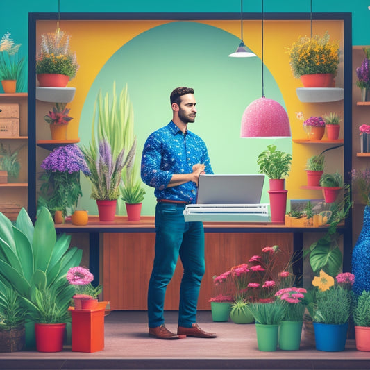 A colorful illustration of a merchant standing in front of a laptop, surrounded by icons of various online platforms (e.g. Shopify, Amazon, Facebook) with growing plants and flowers emerging from the screens.