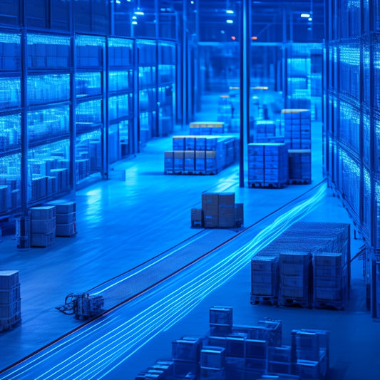 An illustration of a sleek, modern warehouse with organized pallets and automated machinery, connected to a global network of transportation modes, surrounded by glowing blue lines and nodes, symbolizing efficient logistics.