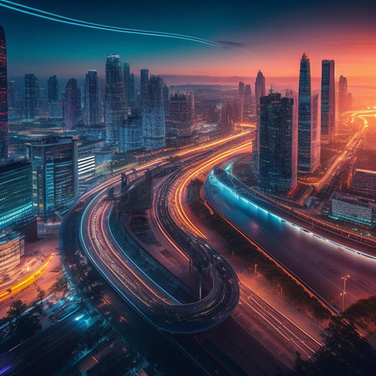 A futuristic cityscape at dusk with sleek skyscrapers, neon lights reflecting off a winding highway, and a massive, glowing circuit board dominating the sky, symbolizing innovative payment solutions.