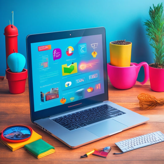A colorful, stylized illustration of a laptop screen displaying a mini ecommerce website, surrounded by various icons and symbols representing different types of engaging online course content.