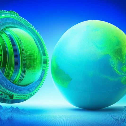 A stylized illustration of two interconnected gears, one with a payment terminal screen in the center, the other with a globe, surrounded by flowing lines and subtle digital pulses, in a bright blue and green color scheme.