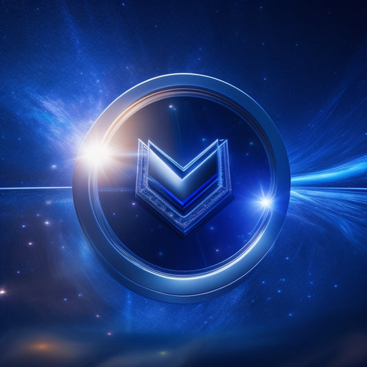 A futuristic, silver Magento logo surrounded by orbiting, glowing blue lines, radiating from a central axis, amidst a dark, starry night sky, with subtle, shimmering sparks.