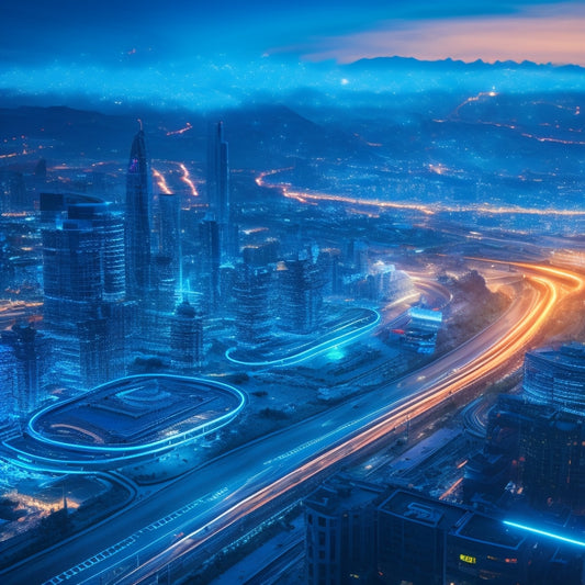 A futuristic cityscape at dusk with glowing blue circuits and neon lights, featuring a giant magnet attracting diverse people, with puzzle pieces and gears orbiting around them.