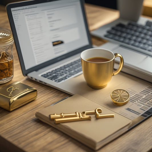 A stylized, golden key unlocking a laptop screen displaying a growing e-commerce graph, surrounded by scattered marketing strategy notes and a few coffee cups, on a modern, minimalist desk.