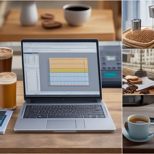 A split-screen image featuring a laptop with a spreadsheet open, surrounded by coffee cups and calculators, on one side, and a rising graph with a shopping cart icon at its peak on the other side.
