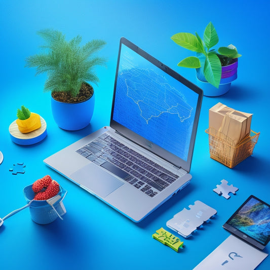 A stylized illustration of a laptop displaying a thriving online store, surrounded by upward trending graphs, shopping carts, and puzzle pieces fitting together, set against a bright blue background with subtle digital patterns.