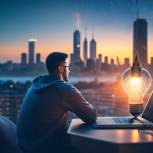 A stylized illustration of a person sitting in front of a laptop with a lightbulb above their head, surrounded by virtual screens displaying various online courses, with a subtle background of a cityscape at sunset.