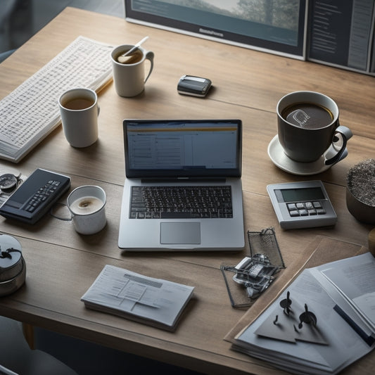 Illustrate a modern, organized workspace with a laptop open to QuickBooks Online, surrounded by neatly arranged papers, a calculator, and a cup of coffee, with a subtle background of clock gears and efficiency symbols.