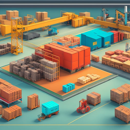 A stylized illustration of a shipping warehouse with organized boxes, conveyor belts, and robotic arms, surrounded by subtle clockwork gears and minimalist charts, conveying efficiency and precision.