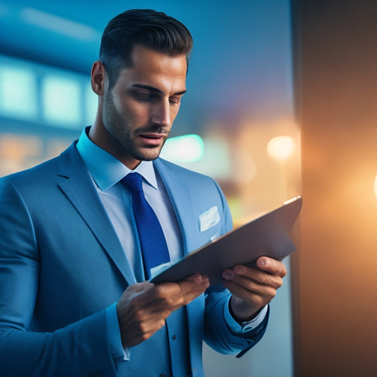 An image of a businessman holding a tablet, surrounded by scattered traditional paper vouchers, with a futuristic, glowing PDF voucher hovering above the device, radiating light and innovation.
