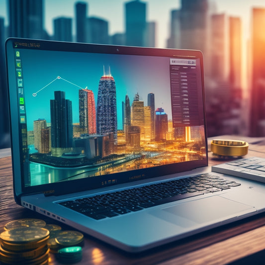 An illustration of a laptop with a growing chart on the screen, surrounded by coins and dollar signs, with a subtle cityscape in the background, symbolizing financial growth and success.