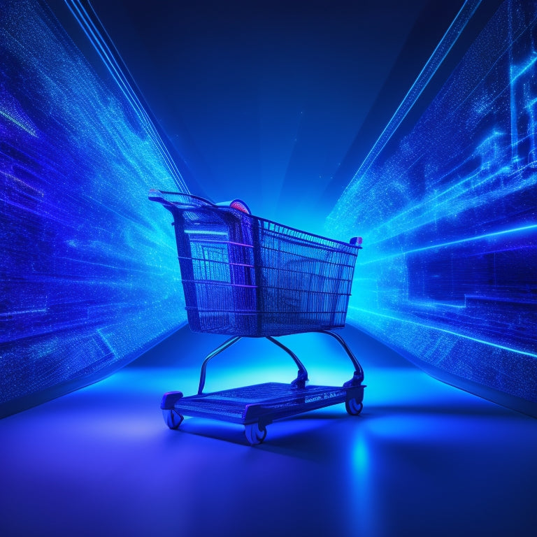 A futuristic, minimalist illustration of a stylized shopping cart bursting out of a laptop screen, surrounded by swirling digital patterns and glowing circuits, set against a dark blue background.