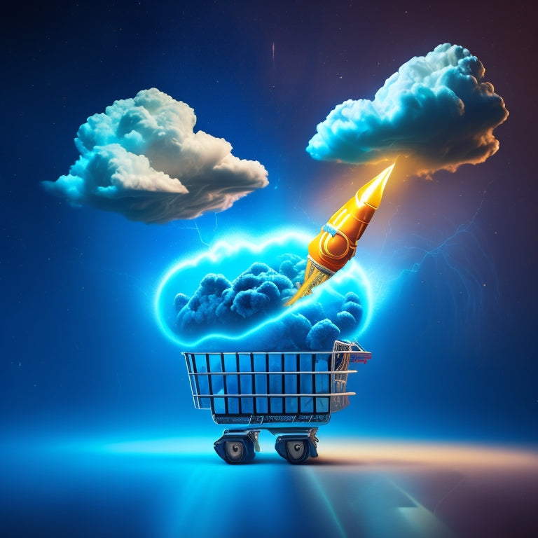 A stylized illustration of a rocket ship blasting off from a shopping cart, surrounded by swirling clouds of dollar signs, clocks, and lightning bolts, set against a dark blue background with subtle ecommerce icons.