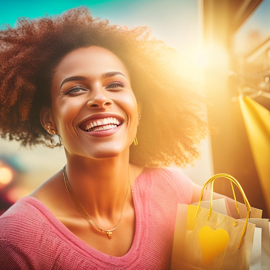 An illustration of a smiling customer surrounded by interconnected gears, with shopping bags and hearts embedded within the gears, set against a warm, sunny background with subtle ecommerce icons.