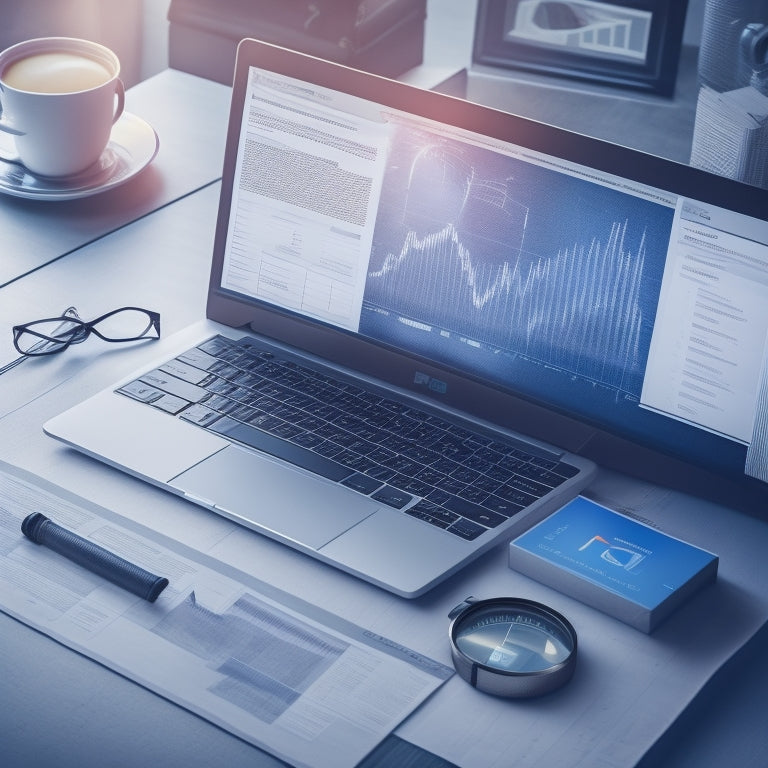 A stylized illustration of a magnifying glass hovering above a laptop screen displaying a PPC campaign dashboard, with rising charts and graphs in the background, surrounded by scattered ebooks.