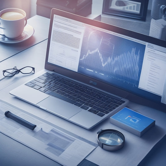 A stylized illustration of a magnifying glass hovering above a laptop screen displaying a PPC campaign dashboard, with rising charts and graphs in the background, surrounded by scattered ebooks.