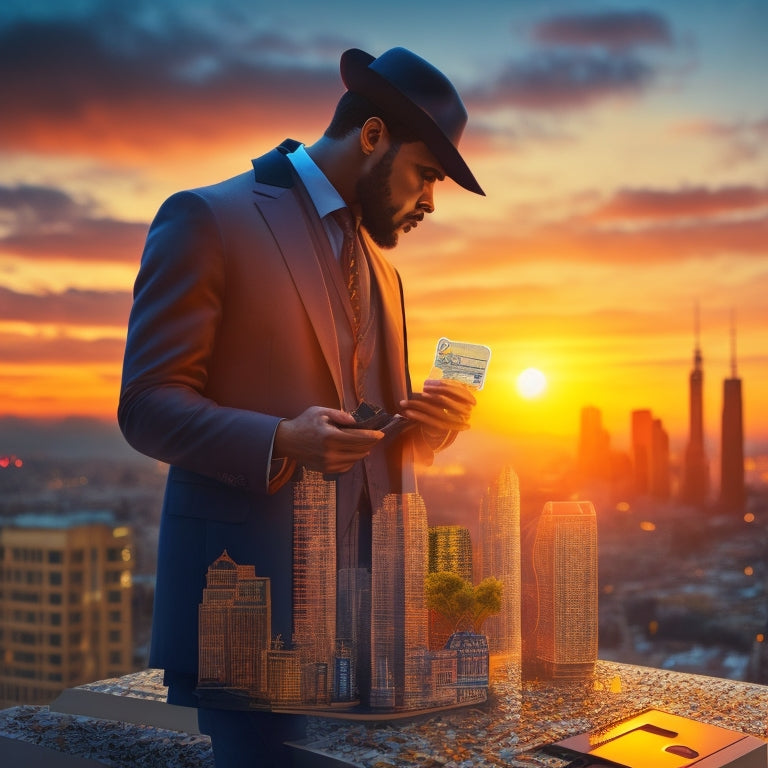 A stylized illustration of a merchant standing confidently in front of a cityscape at sunset, with puzzle pieces fitting together to form a credit card, surrounded by subtle hints of flexible payment options.