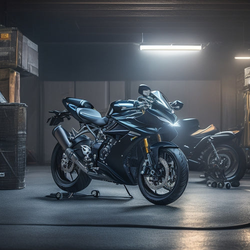 A sleek, black Triumph Daytona 675 motorcycle in a dimly lit garage, with a toolbox and scattered manuals in the background, and a single spotlight shining down on the bike's engine.