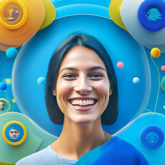 A futuristic, minimalist illustration depicting a smiling customer avatar surrounded by interconnected circles, each containing a different digital icon (e.g., chatbot, survey, analytics graph) in a bright, calming color scheme.