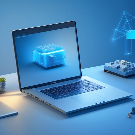 A minimalist illustration of a laptop with a digital product blueprint unfolding from the screen, surrounded by building blocks, gears, and sparks, set against a bright blue background with subtle gradient effects.