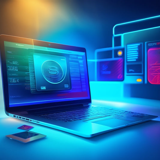 A futuristic, sleek illustration of a laptop screen displaying a website with a secure payment gateway, surrounded by abstract shapes of credit cards, locks, and arrows, conveying speed and protection.