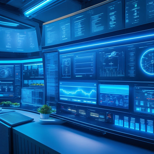 A futuristic dashboard with glowing blue lines and circuits, featuring a robotic arm placing a product box onto a conveyor belt, surrounded by screens displaying graphs and sales metrics.