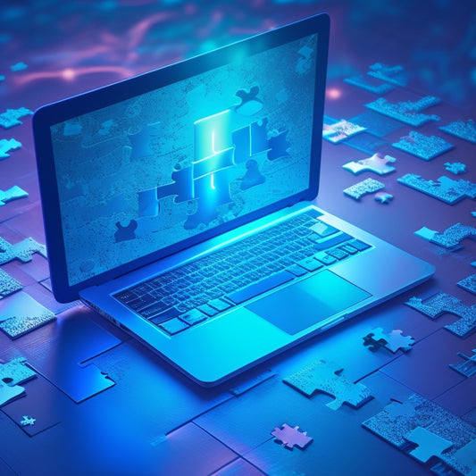 A stylized illustration of a laptop with a glowing download symbol above the screen, surrounded by broken puzzle pieces that seamlessly fit together, against a calming blue background with subtle circuitry patterns.