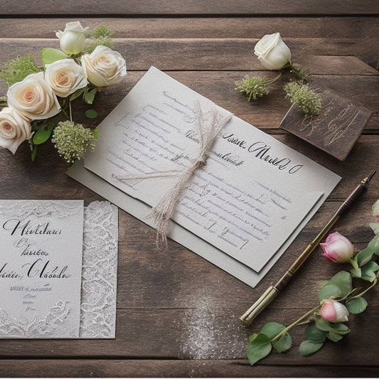 A delicate, lace-trimmed wedding invitation lies open on a vintage, distressed wooden desk, surrounded by elegant calligraphy pens, a petite floral arrangement, and a few scattered rose petals.