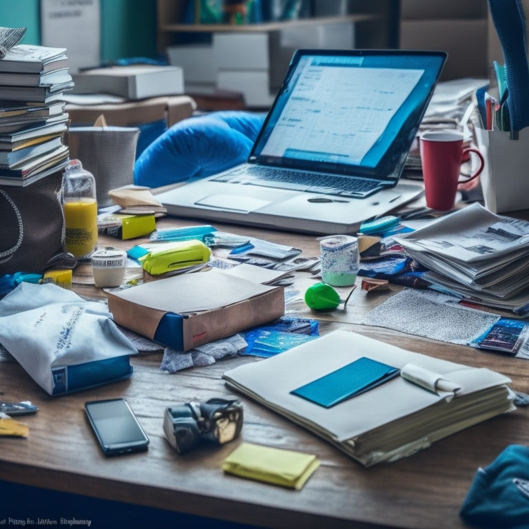 A cluttered desk with scattered textbooks, a broken laptop, and a ripped shopping bag, surrounded by torn packaging and discarded products, with a frustrated student's hands covering their face.