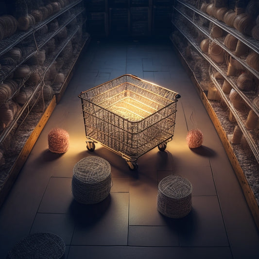 A maze with a shopping cart stuck in the center, surrounded by broken puzzle pieces, tangled threads, and dimly lit light bulbs, with a faint e-commerce website screenshot in the background.