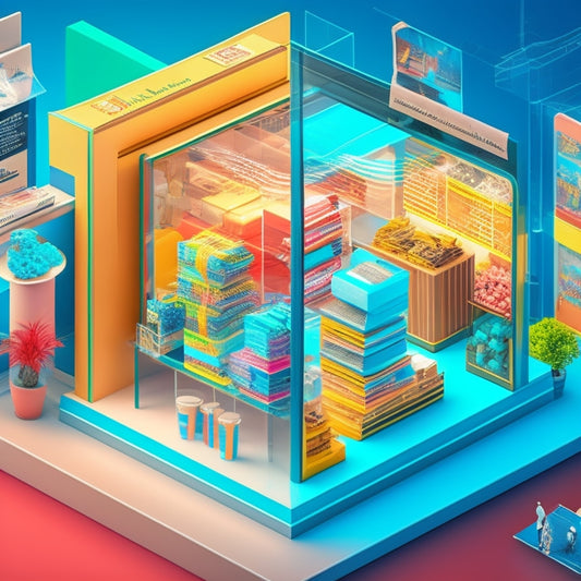 A stylized illustration of a virtual storefront with various digital elements, such as 3D graphs, charts, and infographics, swirling around it, surrounded by subtle hints of shopping bags and credit cards.