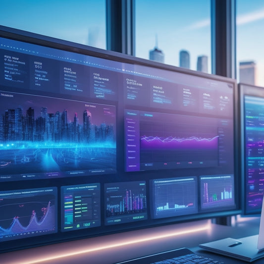 A futuristic ecommerce dashboard with various screens displaying graphs, charts, and analytics, surrounded by colorful coding symbols and digital icons, with a subtle cityscape background.