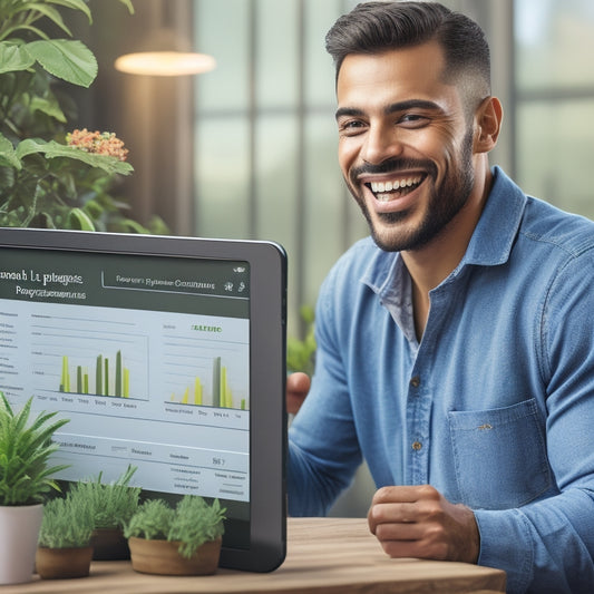 An illustration of a smiling merchant surrounded by growing plants and rising graphs, with a tablet displaying a payment digest subscription dashboard in the foreground.