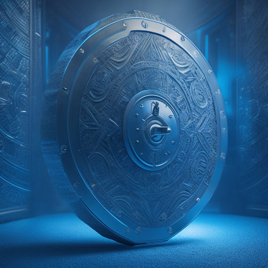 A shield with a padlock at its center, surrounded by cryptic binary code patterns and swirling shapes in shades of blue, with a subtle glow effect to convey enhanced security and privacy.
