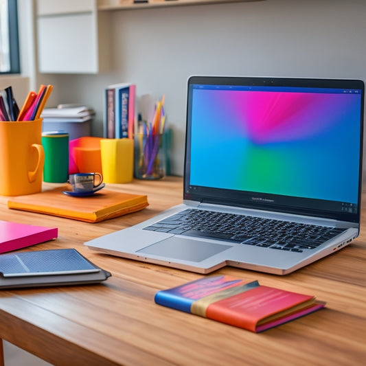 A bright, modern laptop on a minimalist desk, surrounded by colorful sticky notes, a cup of coffee, and a few scattered books, with a subtle background of blurred online course platforms.