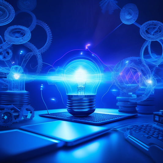 A stylized illustration of a lightbulb exploding into a swarm of connected laptops, smartphones, and tablets, surrounded by swirling gears, cogs, and sparks, set against a dark blue background with neon accents.