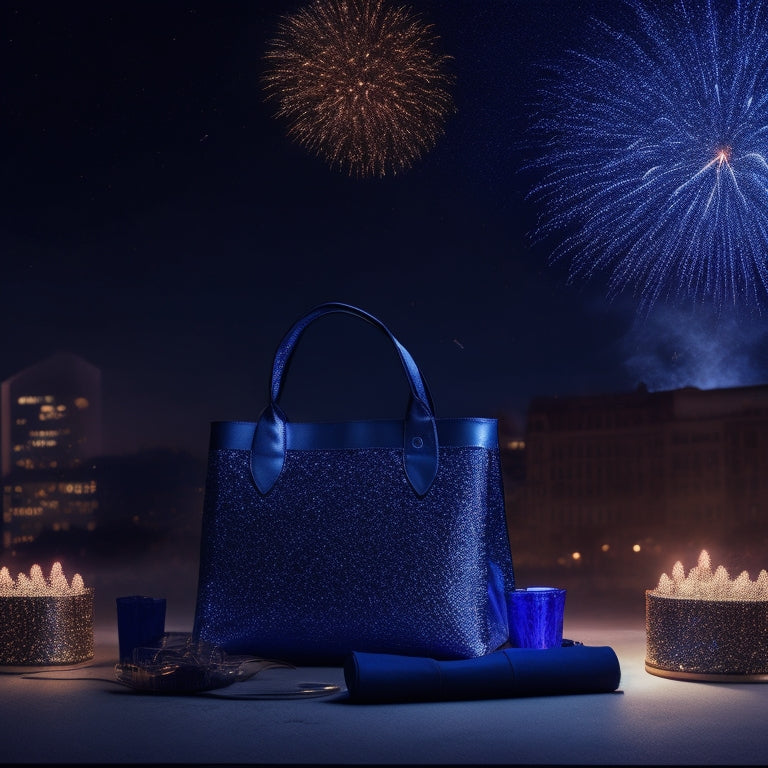 A dark blue background with a faint cityscape at night, featuring a prominent shopping bag with a spotlight shining on it, surrounded by fireworks and confetti, with a subtle calendar peeking from behind.