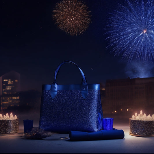 A dark blue background with a faint cityscape at night, featuring a prominent shopping bag with a spotlight shining on it, surrounded by fireworks and confetti, with a subtle calendar peeking from behind.