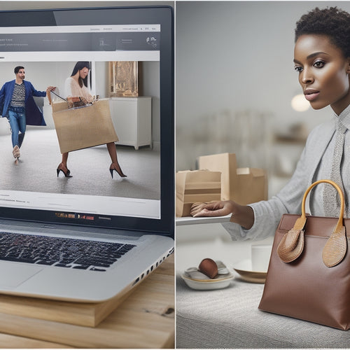 A split-screen image featuring a laptop with a chart of steadily increasing sales on one side and a person surrounded by shopping bags and packages on the other, with a subtle e-commerce website open on the laptop screen.