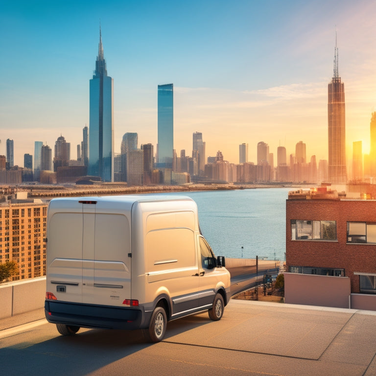 A minimalist illustration featuring a delivery van with a sleek, curved route highlighted on a tablet mounted on the dashboard, surrounded by neatly organized packages and a cityscape in the background.